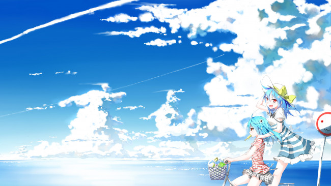 Обои картинки фото аниме, *unknown, другое, море, небо, облака, велосипед, девушки
