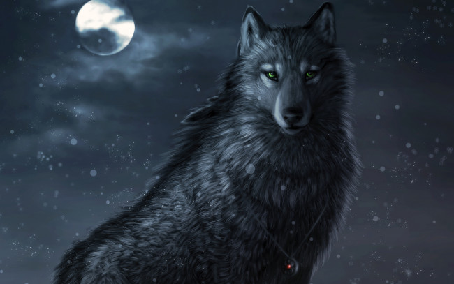 Обои картинки фото рисованные, животные, волки, зеленые, глаза, амулет, снег, волк, ночь, луна
