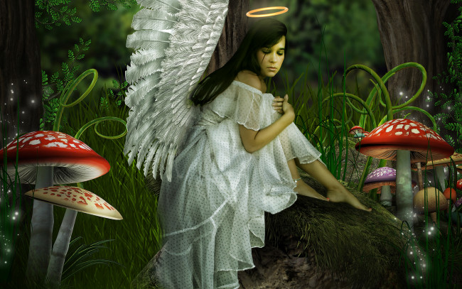 Обои картинки фото разное, компьютерный, дизайн, грибы, дерево, трава, платье, нимб, ангел