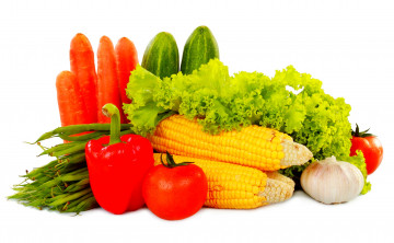 Картинка еда овощи морковь огурцы перец кукуруза зелень белый фон