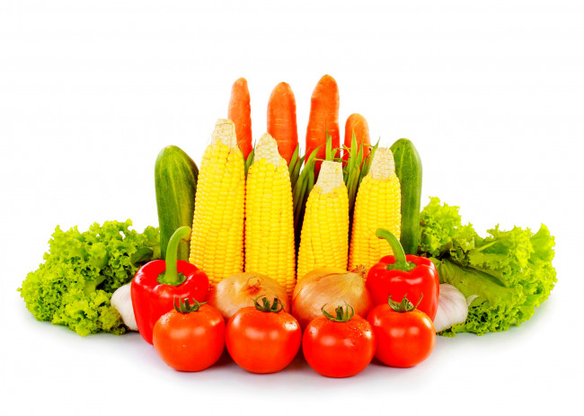 Обои картинки фото еда, овощи, огурец, перец, лук, зелень, помидоры, кукуруза, белый, фон