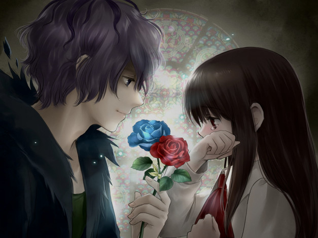 Обои картинки фото аниме, ib, розы, парень, девушка