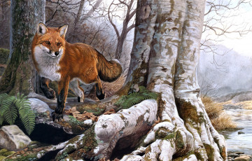 Картинка рисованное животные плутовка рыжая лиса корни дерево