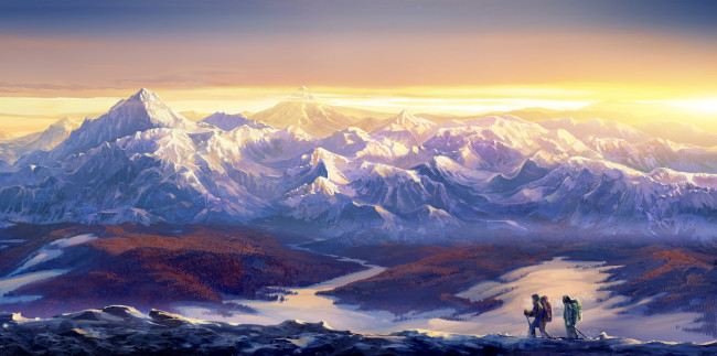 Обои картинки фото рисованное, природа, горы, вершины, снег, путешественники, тучи, солнце