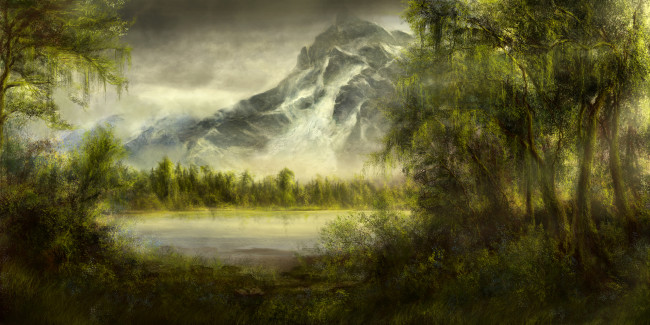 Обои картинки фото рисованное, природа, пейзаж, вид, деревья, картина, горы