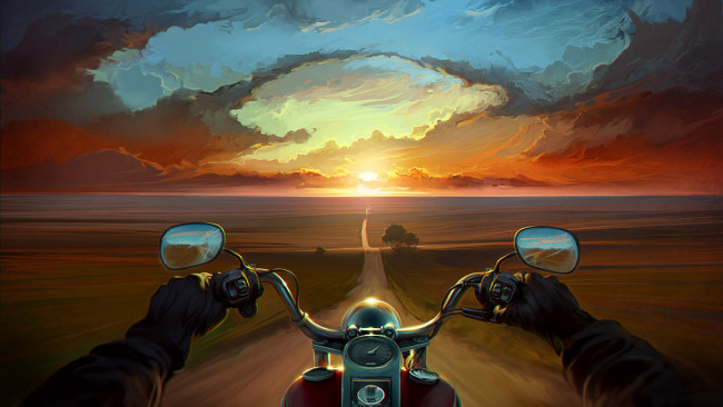 Обои картинки фото рисованное, природа, дорога, закат, мотоцикл, солнце, тучи, вечер