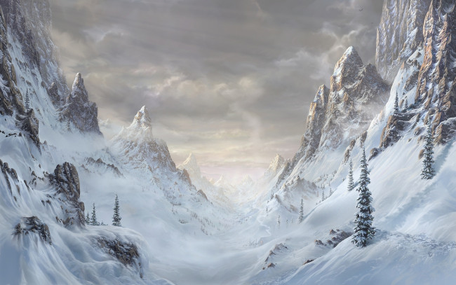 Обои картинки фото рисованное, природа, горы, снег, пейзаж, вид, долина, ущелье, деревья, скалы
