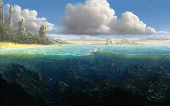 Обои картинки фото рисованное, природа, океан, берег, скалы, рыбы, вода, в, разрезе, море