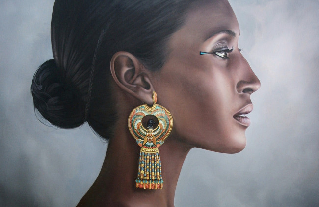 Обои картинки фото рисованное, люди, девушка, брюнетка, египтянка, темнокожая, портрет, профиль, серьги