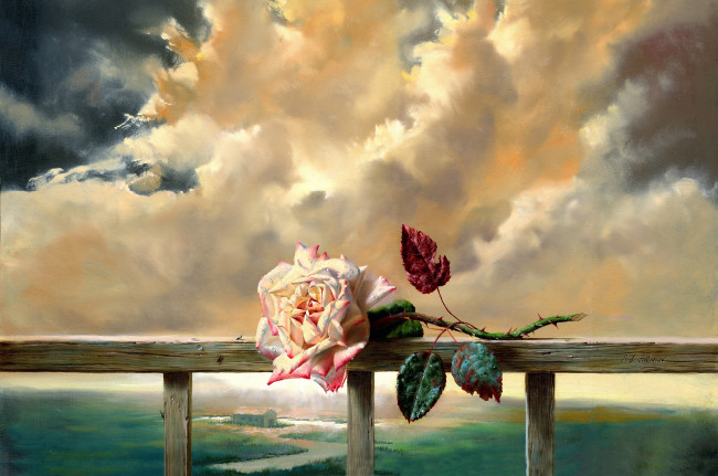Обои картинки фото рисованное, цветы, роза, перила, лежит, тучи, небо, река, вид, пейзаж