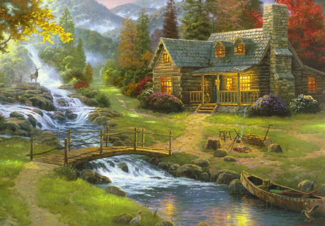 Обои картинки фото рисованное, живопись, лес, речка, домик, олени, лодка, мостик, река, труба, свет