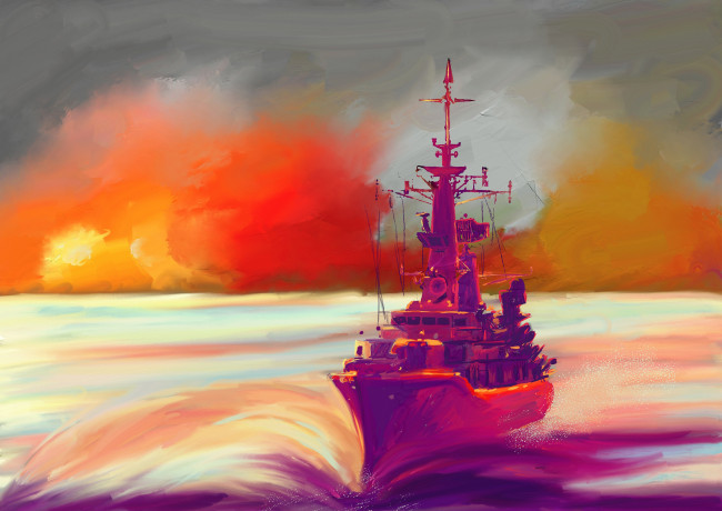 Обои картинки фото корабли, рисованные, закат, взрывы, волны, корабль, небо, море, эсминец