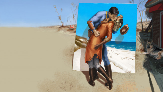 Обои картинки фото fallout 4, видео игры, девушка, мужчина, картина, поцелуй, овчарка