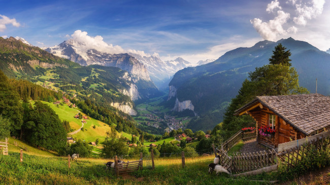 Обои картинки фото города, лаутербруннен , швейцария, горы, долина, облака