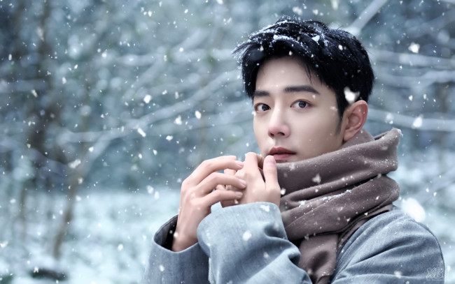 Обои картинки фото мужчины, xiao zhan, актер, лицо, шарф, снег