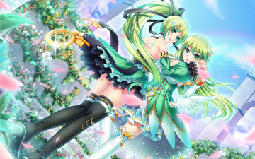 Картинка аниме angels demons лепестки девушки сад эльфийка зеленые волосы крылья уши