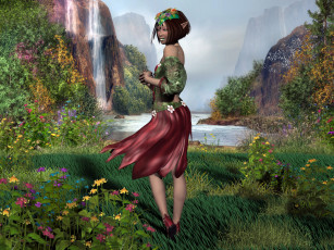 Картинка 3д графика elves эльфы водопад эльфийка лес река цветы