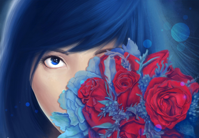 Обои картинки фото рисованные, люди, лицо, девушка, глаз, букет, взгляд, цветы, синий, фон