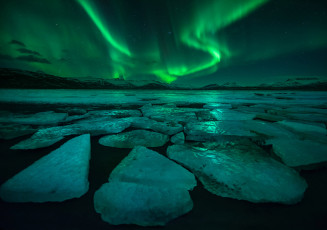 обоя природа, северное сияние, исландия, ночь, лёд, свет, северное, сияние