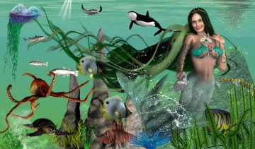 Картинка 3д+графика существа+ creatures русалка море улыбка фон взгляд девушка рыбки скат акула растения медуза