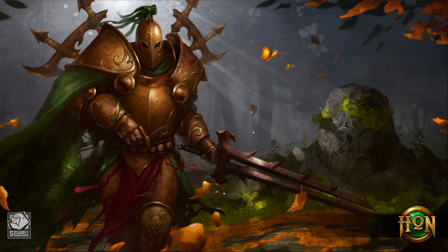 Обои картинки фото видео игры, heroes of newerth, меч, броня, green, knight, accursed, heroes, of, newerth