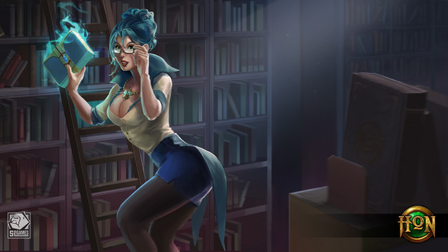 Обои картинки фото видео игры, heroes of newerth, очки, грудь, девушка, библиотека, vindicator, librarian, sexy, heroes, of, newerth, книга