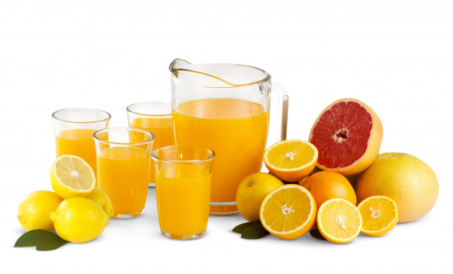 Обои картинки фото еда, напитки,  сок, стаканы, кувшин, цитрусы, апельсины, лимоны, напиток, сок