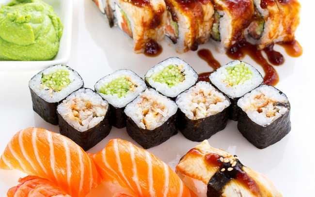 Обои картинки фото еда, рыба,  морепродукты,  суши,  роллы, морепродукты, rolls, sushi, рис, роллы, суши, fish, seafood, японская, кухня