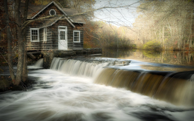 Обои картинки фото природа, водопады, дом, река
