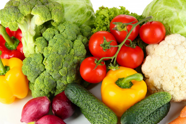 Обои картинки фото еда, овощи, лук, капуста, огурцы, помидоры, перец, томаты