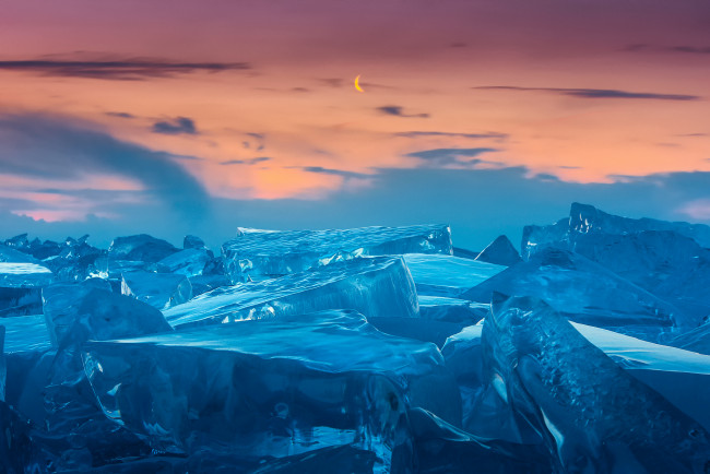 Обои картинки фото природа, айсберги и ледники, небо, зима, лёд, байкал, озеро, луна