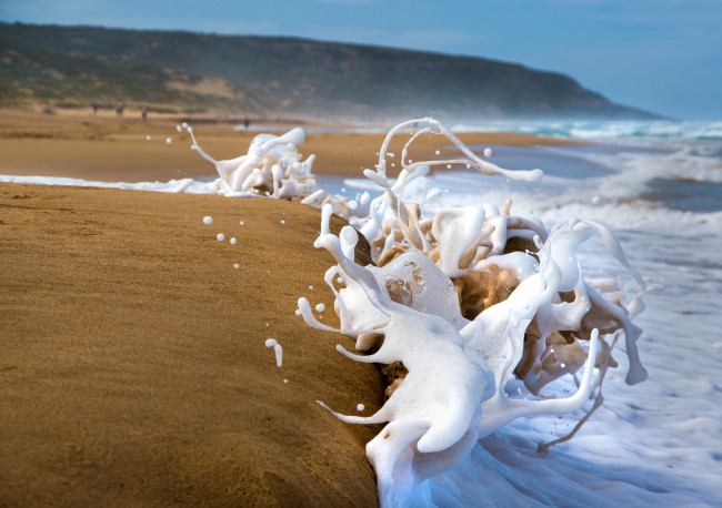 Обои картинки фото природа, макро, песок, пляж, берег, пена, брызги, волны, море