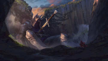 Картинка фэнтези существа рыцарь скалы меч человек арт доспехи