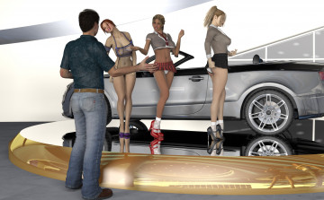 Картинка 3д+графика люди-авто мото+ people-+car+ +moto фон взгляд девушки парень автомобиль