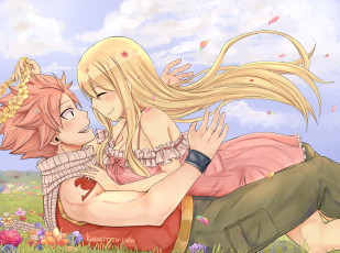 Картинка аниме fairy+tail пара девушка natsu dragneel парень венок fairy tail lucy heartfilia цветы anime