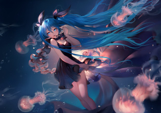 Картинка аниме vocaloid anime длиные волосы hatsune miku под водой art девушка медузы платье