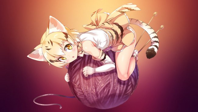 Обои картинки фото аниме, kemono friends, нитки, булавки, art, хвост, ушки, serval, neko, girl, клубок, kemono, friends, ichi, makoto, перчатки