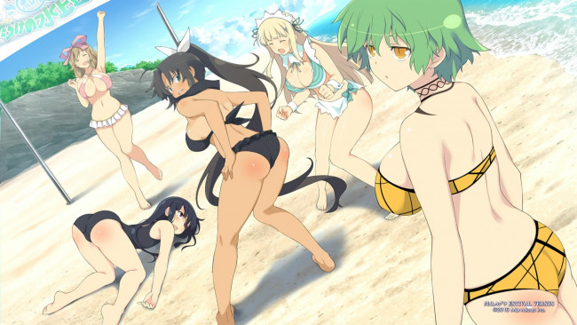 Обои картинки фото аниме, unknown,  другое, девушки, купальники, команда, пляж, море