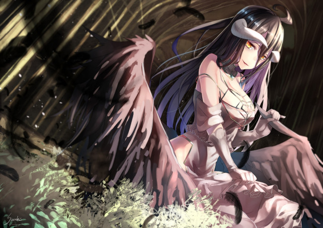 Обои картинки фото аниме, overlord, art, anime, девушка, крылья, albedo, рога