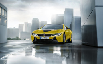 Картинка автомобили bmw бмв i8 желтый город здания