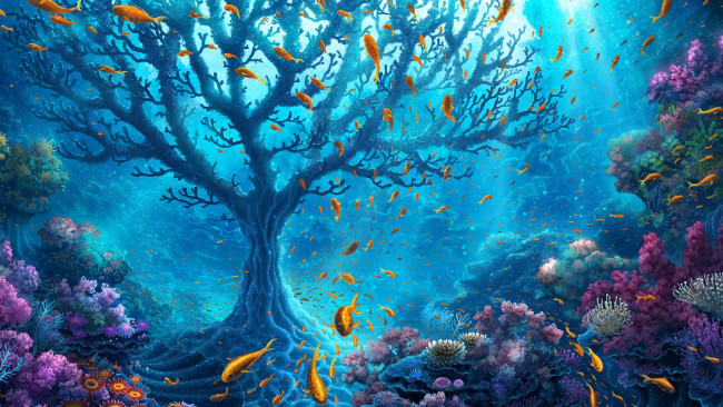 Обои картинки фото фэнтези, другое, море, глубина, дно, дерево, кораллы, рыбы