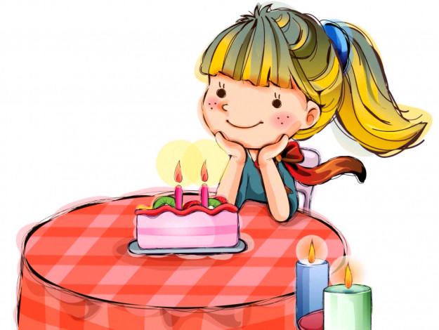 Обои картинки фото рисованное, праздники, девочка, стол, торт, свечи