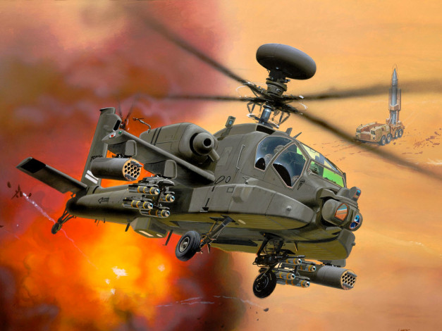 Обои картинки фото авиация, 3д, рисованые, v-graphic, вертолет, полет, огонь, апач