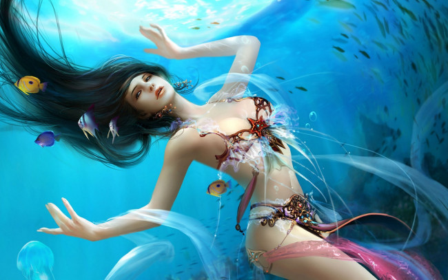 Обои картинки фото goddess, of, water, dehong, he, фэнтези, девушки, рыбы
