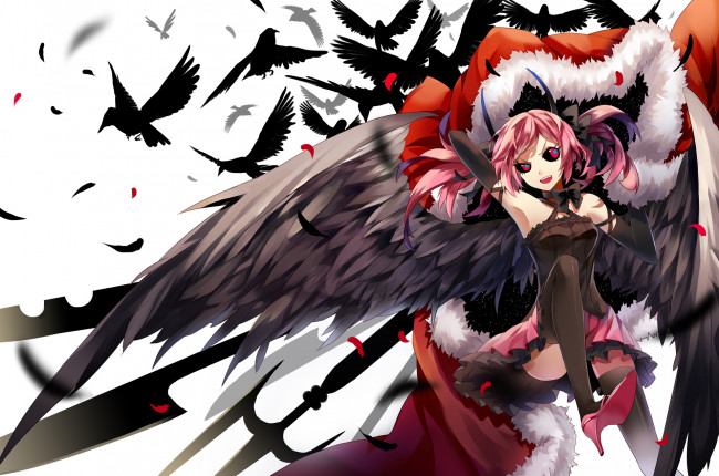 Обои картинки фото by, tsukii, аниме, pixiv, fantasia, красные, глаза, туфли, оружие, крылья, рога, вороны, девушка