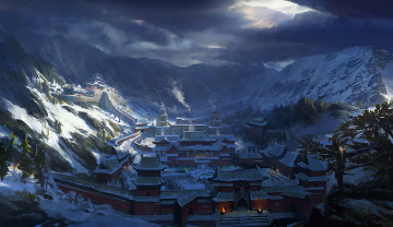обоя фэнтези, замки, пагода, девушка, снег, храм, горы, город