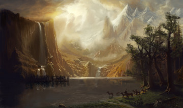 Картинка рисованное природа олени река горы лес