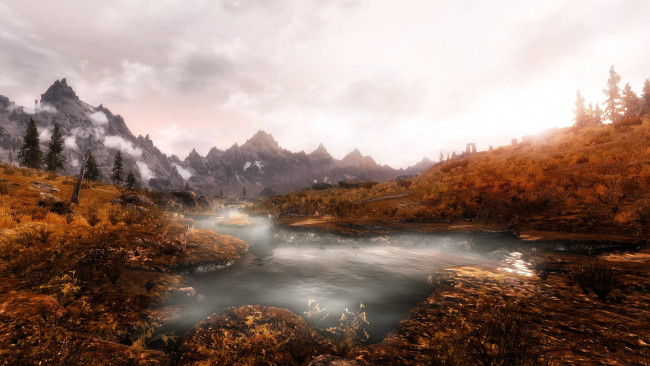 Обои картинки фото 3д графика, природа , nature, облака, горы, осень, река