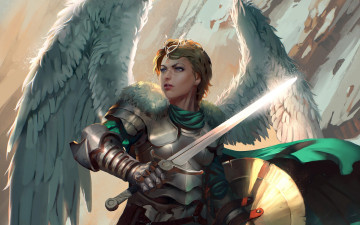 Картинка фэнтези ангелы фантастика арт валькирия крылья доспехи взгляд щит меч