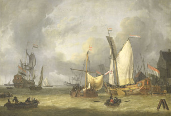 Картинка рисованное живопись масло jan claesz rietschoof морской пейзаж холст парус картина свежий ветер корабли в гавани